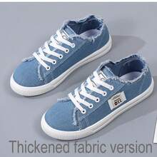 女士帆布鞋，低帮，厚底，休闲步行鞋，经典舒适平底时尚运动鞋 - 加厚藍色 - 查看 10