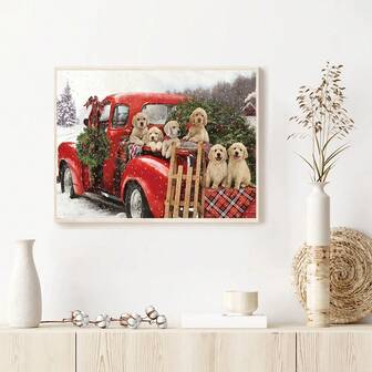 新品上市！1件装红色卡车小狗图案5D钻石画套装，DIY钻石马赛克艺术品，适合家居墙面装饰、手工工艺品、万圣节和圣诞节礼物，无框