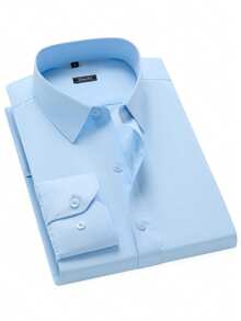 Camisa Social Masculina Microelástica para Trabalho e Dia a Dia - Azul Bebê - Visão 2