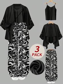 Set 3 piese ținute de primăvară pentru femei plus size: Cardigan în culoarea unuii + Maiou simplu cu camisol + Pantaloni largi cu talie înaltă și model. Material confortabil, respirabil, elastic, lejer și slăbit. Potrivit pentru ținute casual zilnice, naveta, călătorii scurte, acasă și alte ținute de vacanță de primăvară. Poate fi purtat separat.