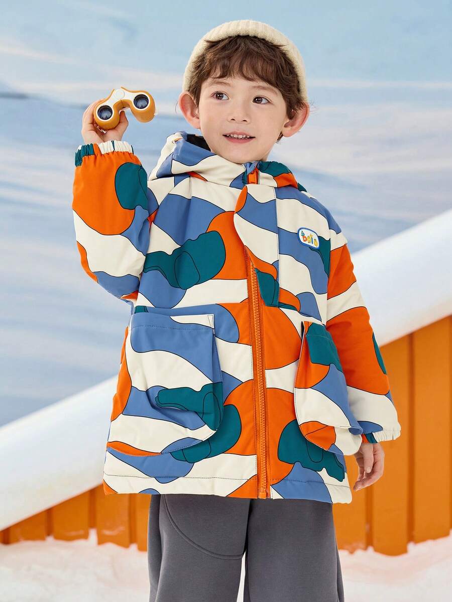 Balabala Kurtka puchowa z kapturem dla chłopców w blokach kolorów, zima 2025 i ciepła - Niebieski i żółty - Zobacz 1