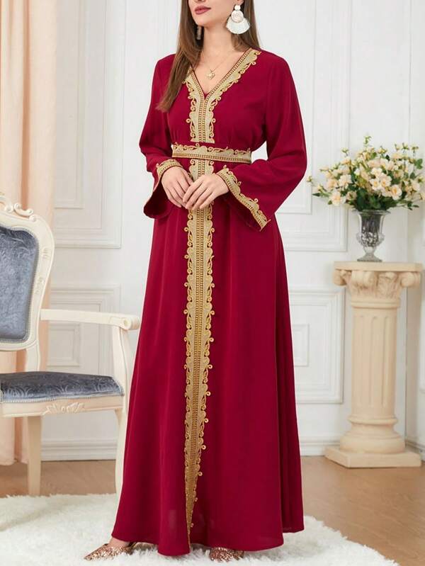 Women's Elegant Modest Embroidered Waist Belt Lace Patchwork Formal Evening Gown For Wedding