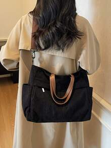 女士多口袋手提包，简约时尚单肩斜挎包，轻便可折叠购物袋，适合购物、旅行、办公 - 黑色 - 查看 4