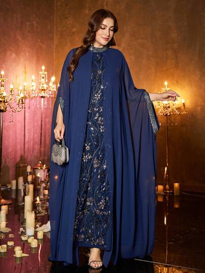 Plus Size Women's Stand Collar, Solid Color, Handmade Flower Crafted, Applique & Ribbon Decor Dress With Detachable Scarf Cloak, Elegant Long Soft Dress Suitable For Formal Events, Banquets, Parties, Holidays, Valentine's Day