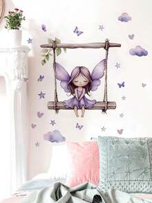 1pc Multi-Size PVC Removable Wall Sticker, Featuring Elegant Purple Fairy, Butterfly Bouquet, Girl Silhouette With English Letters, Cute Fairy On Swing, Clouds And Hearts Decor, Suitable For Bedroom, Living Room, Study, Dining Room, Bathroom, Home Wall Decoration - Multicolor - View 12