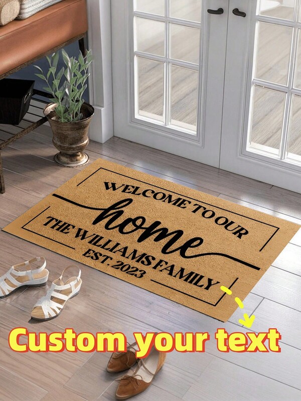 1pc Customizable Doormat, Brown "Welcome To Our Home" Pattern, Non-Slip Rectangular Washable Floor Mat, Suitable For Entryway, Bathroom, Kitchen