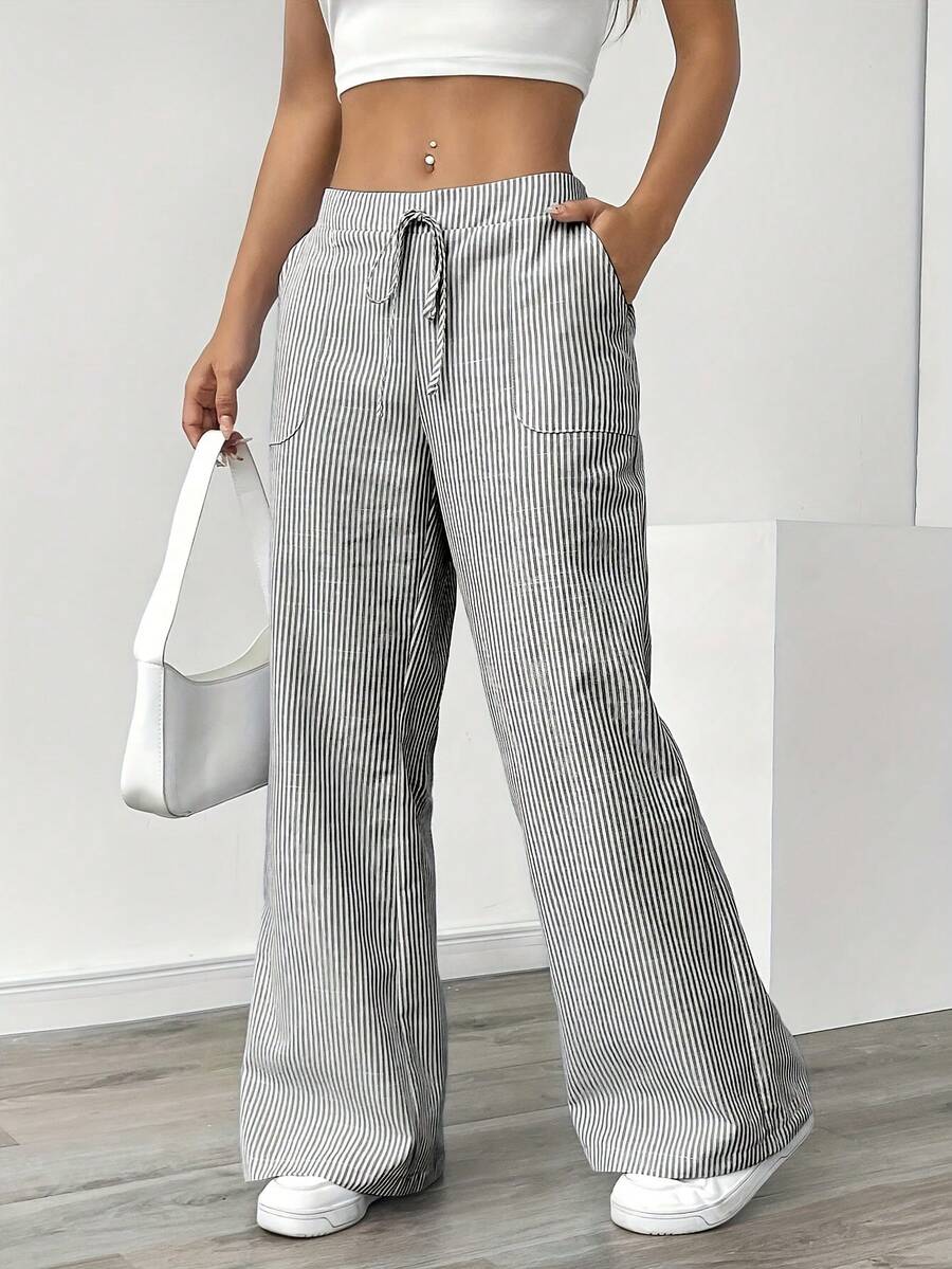 Women's White & Gray Vertical Striped Straight-Leg Pants - Lightweight Polyester Trousers With Drawstring Waist & Side Pockets, All-Season Casual To Dressy Wear, Smooth Texture Long Pants (No Belt) For Office, Semi-Formal & Everyday Outfits Women's Winter Clothing Of Women's Winter Clothing Women's Winter Fashion Women's Winter Promotion Of Women's Winter Clothing - 灰色 - 查看 1