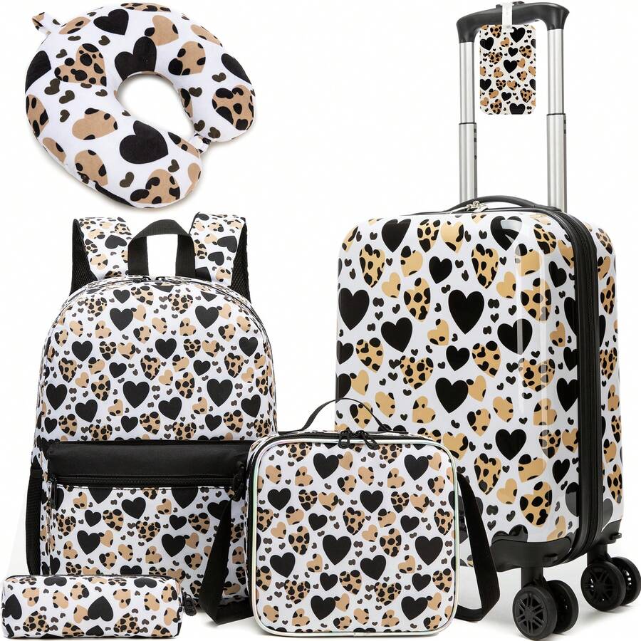 5 件女孩旅行箱套装适合女孩的书包可爱女孩背包 8-10 岁带斜挎包儿童书包套装旅行背包适合小学生背包上学用品（颈枕手柄随机发货）