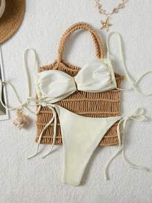 Sexy Women's Spaghetti Strap Bikini Set With Buckle Detail And Tie-Side Bottoms, Medium Stretch Swimwear Vacation Beach Summer - Beige - View 4