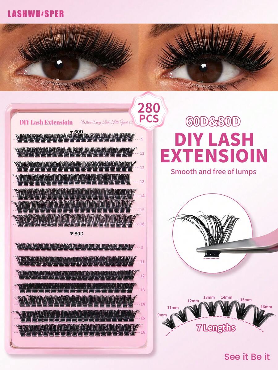 560片/套 DIY假睫毛簇，40D/50D/60D/80D卷度，9-16毫米自然柔软轻盈可重复使用单根睫毛，带刷子，适合日常妆容 - 粉色 - 查看 1