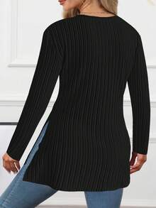 Nueva Blusa Casual de Moda de unicolor con Acanalado y Abertura Cruzada en el Bajo para Mujeres de Talla Grande - Negro - Ver 4