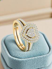 Bộ 2 nhẫn hình trái tim bằng bạc 925 đính đá Cubic Zirconia lấp lánh - Phụ kiện đa năng dành cho nữ, phù hợp cho đi làm hàng ngày và dự tiệc, món quà thanh lịch chất lượng cao. - Vàng - Xem 6