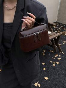 复古简约鹿皮拼接小号手提包（女士款） - 咖啡 - 查看 7