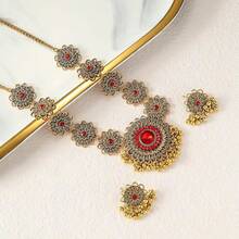 Bollywood Jewelry Sets Women Wedding Party Jewelry Flower Tassel Beaded Dangle Earring Oxidized Choker Necklace Gold-Tone Plated Zirconia Jhumkas Chandelier Earrings Boho Jewelry - 紅色 - 查看 6