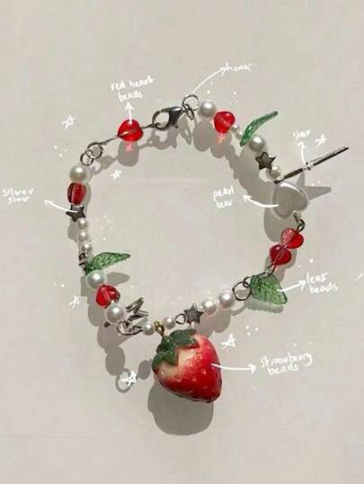1pc Valentine's Day Gift Dopamine Glass 5-Pointed Star & Heart Beaded Strawberry Bracelet, Niche Design Adorable Imitation Crystal Chain, Flexible For Daily Outfit Accessories,Mom,Mother,Mother's Day,Gift