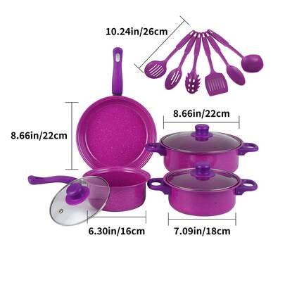 13 Piezas Set Antiadherente Púrpura - Sartén, Olla, Cazuela y Utensilios para Hogar