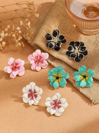 珐琅花卉耳钉 - 手工绘制合金花朵设计 | 优雅欧式女士耳环