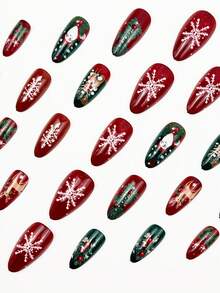 Add A Touch Of Romance With Christmas Nail Art 24pcs Medium To Long Press Nail Classic Red And Blue Color Scheme Nail Stickers, Cartoon Cute Christmas Reindeer, Santa Claus, Green Plant Flower Fruit, White Snowflake Pattern, Autumn And Winter Atmosphere Almond Nail, Suitable For Office Ladies, Sweet Girls, Festivals, Campuses, Parties, Christmas Daily Nail Decoration - Multicolor - View 3