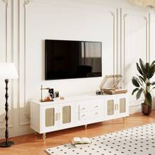 Low Cabinet, Retro-Style TV Stand: Gold Handles, Plenty Of Storage Space. With A Glass Door And Solid Wood Legs. - 白色+刨花板+70-79英寸 - 查看 9