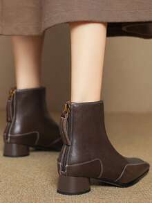 法式复古软皮方头修身短靴，女士踝靴，后拉链设计，中跟，百搭，秋冬款 - 棕色 - 查看 4