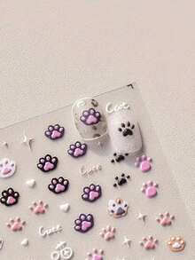 1pc Cute Cat Claw Nail Art Sticker, Cartoon Animal 3D Embossed PVC Sticker, Suitable For Nail Salon And DIY Nail Art Supplies, Glossy Surface, Embroidery Style Single Use Decals, Asymmetrical Shape - Fit For Women Nail Decoration - Nhiều màu - Xem 5