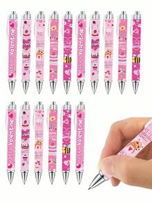 5支粉色情人节圆珠笔，包含蛋糕、爱心、信封等节日元素，高品质按压式笔，新颖的婚礼季派对笔，情人节婚礼派对礼物
