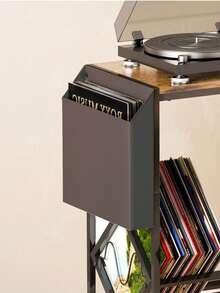 Estantería para CD de estilo retro, mesa auxiliar creativa de acero al carbono para salón, soporte para discos de vinilo, estantería sencilla - Negro + madera - Ver 5