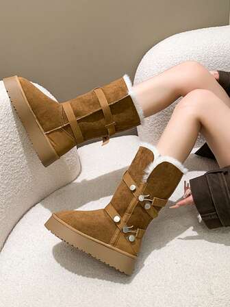 Modische, vielseitige Ledergürtel-Schnallen, warme Stiefel bis zur Mitte des Knöchels, neue winterliche Schnee-Stiefel mit dicker Sohle für Frauen