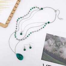 Conjunto de joyería Bocar de 3 capas con collar de cuentas y pendiente de cadena larga para mujer - Verde Oscuro - Ver 2