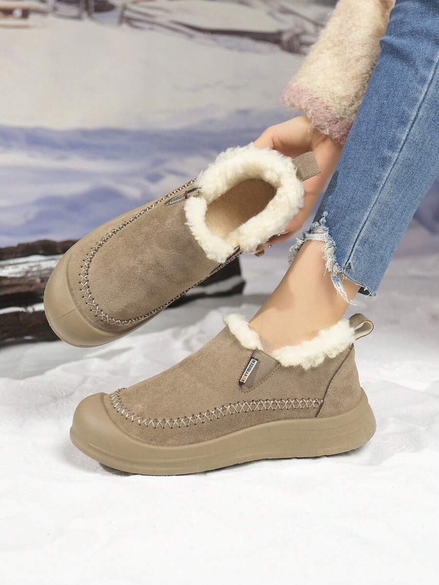 女士冬季鞋履，厚底雪地靴，套脚式户外保暖内衬靴