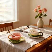 1 Set Handpainted Floral Ceramic Tea Cup & Saucer, 3D Sculpted Rose, Tulip, Daisy Flower Coffee Mug, 1pc 150ml(5oz) Cup With Handle, 1pc Leaf Plate, 1pc Butterfly Spoon, Unique Home Decor, Valentines, Mother's Day, Christmas Gift