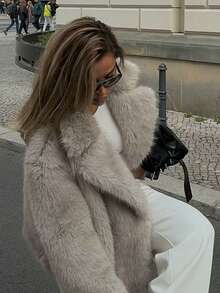 HH 女式冬季优雅纯色仿皮草效果长袖开衫外套女式休闲高街口袋外套