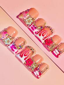 Sugar Burn Duck Tip Press On Nails, Handmade Pink Flame Nails, Ice Cream Charms, Stars, Rhinestones, Sweet Y2K Glam Summer - Pink - View 2