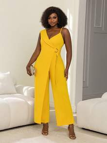Plus Size Deep V-Neck Jumpsuit, Wide Leg Cut, Suitable For Casual Gatherings, Street Style And Daily Wear - Yellow - View 7