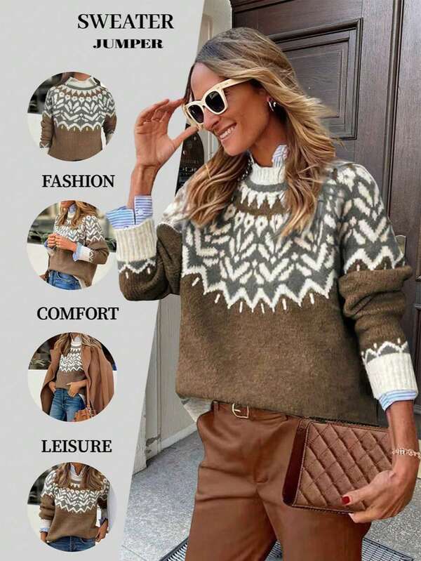 Suéter holgado de punto retro de moda versátil y casual con estampado floral para otoño/invierno 2024, cuello redondo, con vibra exótica (capa interior no incluida)