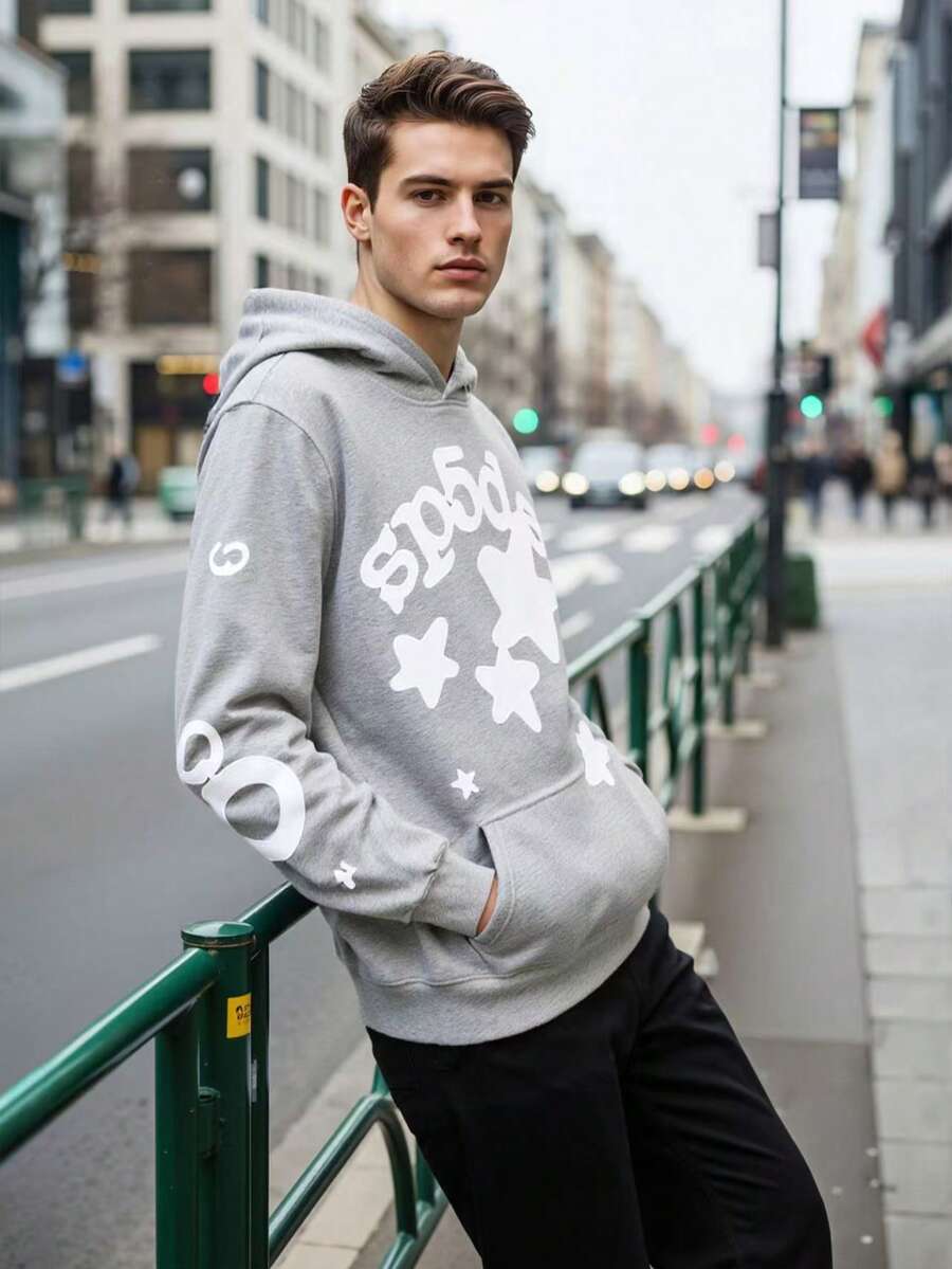 Fashionable Casual Hoodie With Creative Star-Shaped Pattern And Letter Decoration, Comfortable And Casual Sportswear Style Hooded Shirt - 灰色 - 查看 1
