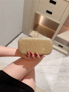 月光之夜手拿包，银色奢华水钻装饰金属链条单肩包，优雅迷你方形晚宴手拿包，适合婚礼、派对、正式场合，女士礼物，派对包，完美适用于派对、婚礼、圣诞/万圣节舞会、晚宴/盛会，婚礼必备，与毕业礼服、晚礼服完美搭配，是舞会配饰的理想之选。 - 金色 - 查看 5