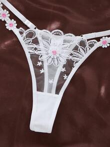 EverydayBra 三件套白色女士刺绣花卉性感内衣套装，半透明腰带，俏皮可爱超短款上衣和内裤，舒适居家风文胸和内裤 - 白色 - 查看 6