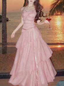 优雅不对称荷叶边吊带连衣裙，时尚百搭，适合女性穿着，简约细肩带设计，适合派对、舞会、晚宴、生日、婚礼、返校等各种场合，端庄修身，夏季必备 - 淺粉色 - 查看 5