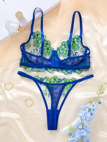 2件組藍綠花卉刺繡性感日常女用內衣套裝，半透明可調式肩帶短版上衣與丁字褲，舒適Bralette - 薄荷藍 - 查看 2
