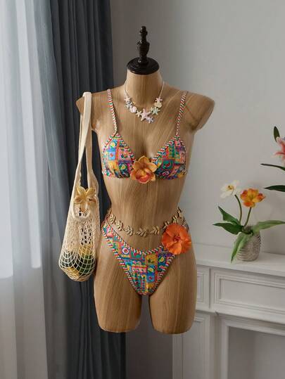 Bellisia Women's Floral Print Random Spaghetti Strap Cute Romantic Halter Bikini Set, Summer