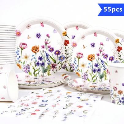 10pcs Colorful Floral Pattern Disposable Tableware Set - Includes Plates, Napkins And Cups, Suitable For 10 Guests, One-Time Paper Plates Party Supplies For Birthday, Wedding, Party, Family Picnic