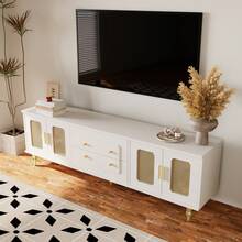 Low Cabinet, Retro-Style TV Stand: Gold Handles, Plenty Of Storage Space. With A Glass Door And Solid Wood Legs. - 白色+刨花板+70-79英寸 - 查看 8