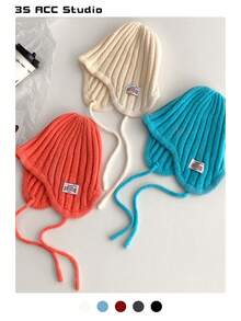 1pc French Tie-Up Knit Hat, Soft & Warm Autumn/Winter Decoration, Striped Tie-Up Ear Protection Knit Hat, Cute Solid Color Bucket Hat For Women - Multicolor - View 4
