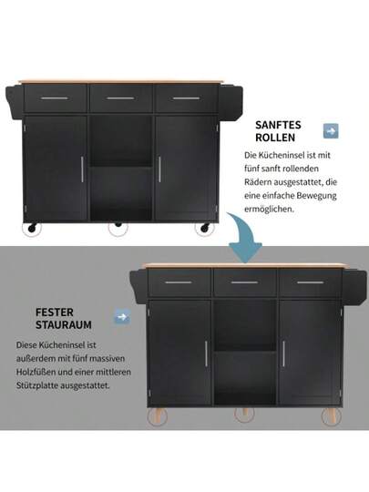 139x46(71)X91.5cm Dining Trolley/Sideboard, Zwart Body Solid Wood Grain Worktop, Fold Down Storage Door, Casters, Replaceable Feet, Room, Kitchen. Serving Trolley/Side Cabinet, Grijs Veneer The Wit Marble ation Cabinet/Fold Worktop/Storage Doors/R view 3