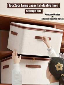 带拉链盖的储物箱，带织物盖的储物篮，可折叠可洗衣柜架子衣服整理器容器，带手柄（米色），带盖亚麻拉链储物盒 - 极简主义风格，可手洗，可折叠床下衣物收纳盒，卧室必备