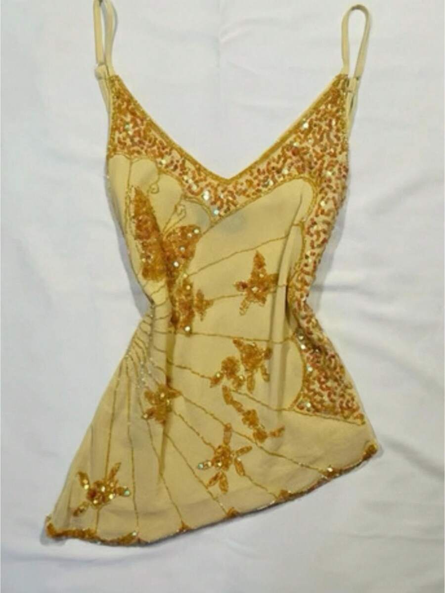 Women Y2k Fairy Sequin Butterfly Cami Tops Sleeveless Spaghetti Strap Mesh Sheer Crop Tank Tops See Through Camisole Summer Slim Fitted Shirt Vintage Aesthetic Clothes 2000S Streetwear - 黃色 - 查看 1
