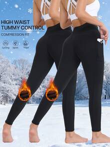 2pcs/Set High Waist Thermal Lined Yoga Pants For Women, Tummy Control Compression Leggings For Running, Workout, Pilates, Fitness, Outdoor Activities, Cycling,Winter - Black - View 3