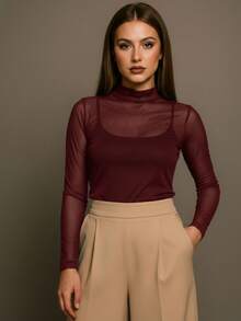 Women's Long Sleeve Tulle Blouse With High Neck, Elegant, Simple, Sheer, No Transparency, Suitable For Evening, Stage, Concerts, And Beach. - Màu Đỏ Sâu - Xem 2
