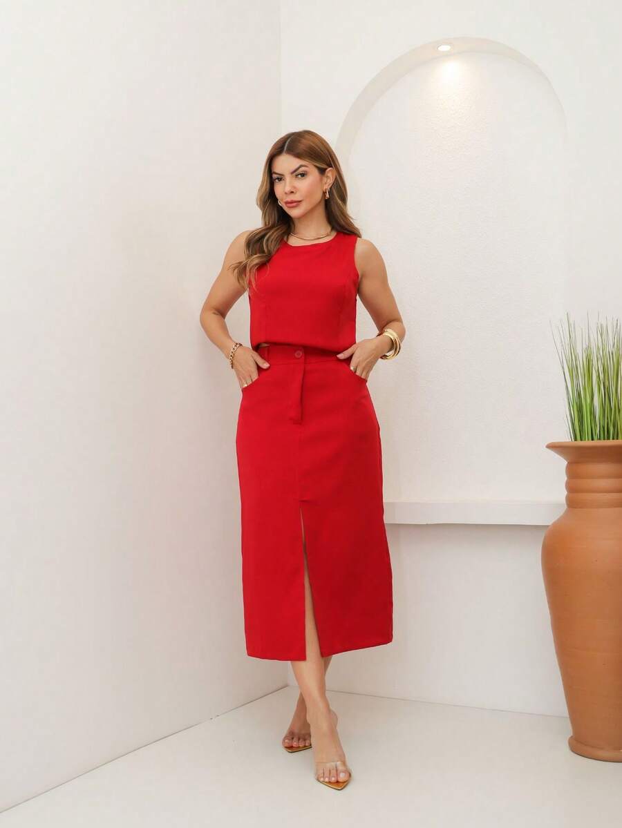 Women's Cropped Top And Tailored Skirt Set - Red - View 1
